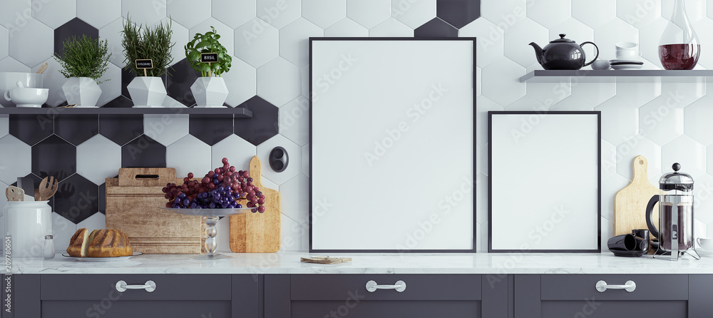 Mock up poster frames in kitchen interior,  panoramic background, 3d render - obrazy, fototapety, plakaty 