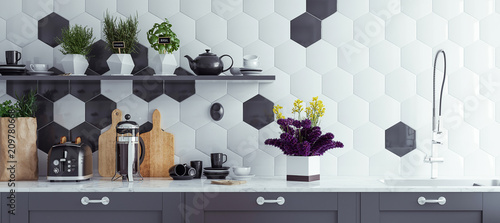 Fotografía Panoramic modern kitchen interior background, 3d render