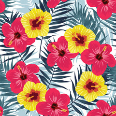 Wall Mural - Tropical jungle seamless pattern with palm leaves and hibiscus flowers. Summer fabric floral design, vector illustration background.