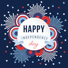 Happy Independence Day, 4th July National Holiday. Festive Greeting Card, Invitation With Fireworks And Bunting Party Decorations In USA Flag Colors. Vector Illustration Background, Web Banner.