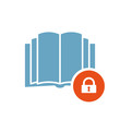 Book icon, education icon with padlock sign. Book icon and security, protection, privacy symbol