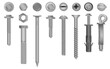 Realistic 3d vector screws, nuts, bolts, rivets and nails for fastening and fixing.