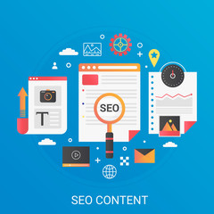 Aufkleber - Modern vector flat gradient SEO content development concept template banner with icons and text.