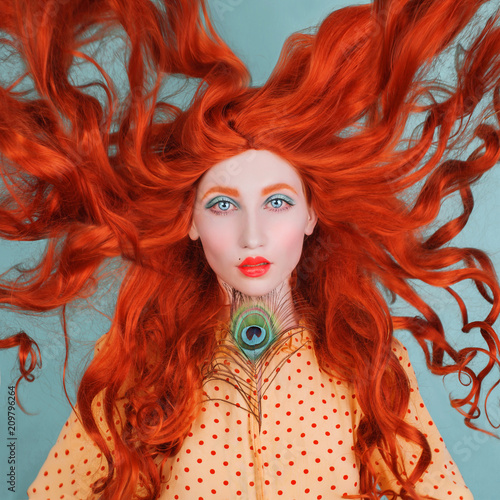 Young Beautiful Unusual Red Haired Girl With Very Long Curly Hair