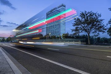 the light trails on the modern building background.