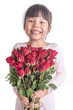 © nareekarn - little girl holding bouquet or red rose flowers, asian girl with flowers