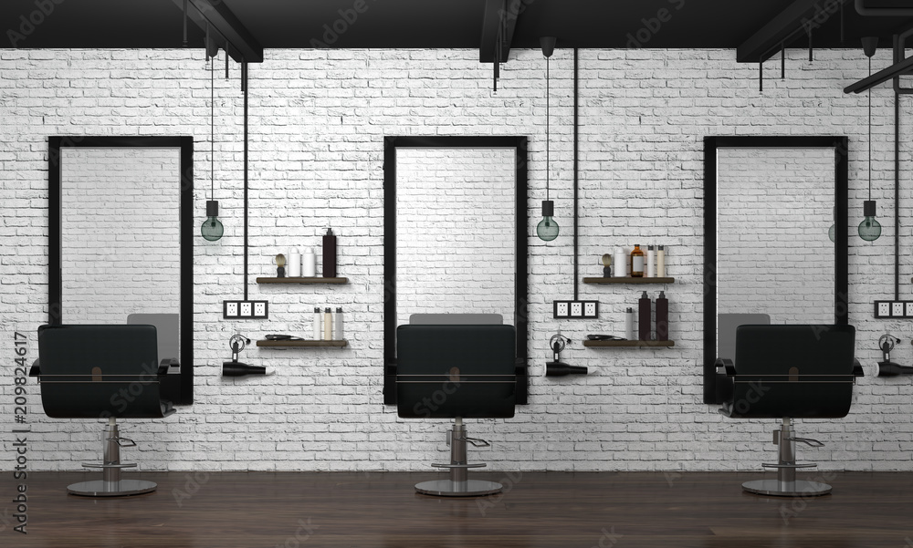 hair salon interior modern style 3d illustration beauty salon white brick wall - obrazy, fototapety, plakaty 