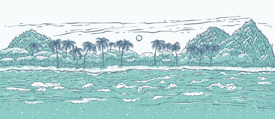 Sandy tropical island with sea waves surf and palm trees. Monochrome landscape beach in ocean for summer holiday and tourism. Vector illustration background for design cards or banner.