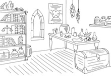 Alchemical Laboratory Graphic Black White Interior Sketch Illustration Vector