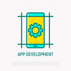 Wall Mural - app development thin line icon: wheel on smartphone screen. modern vector illustration.