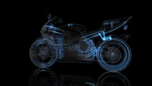 Rotating Motorcycle. Black And Blue Shine Formation Of Model Motorcycle 360 Degree. Looping Motion Animated Background.