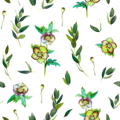 Wall Mural - Floral seamless pattern with green Helleborus and twigs. Art by markers. Imitation of watercolor drawing.