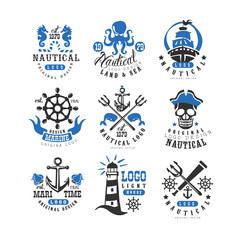 Sticker - Marine logo set, design element for nautical school, club, business identity, print products vector Illustration on a white background