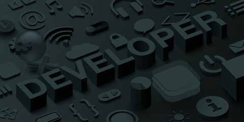 Black 3d developer background with web symbols.