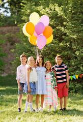 Poster - holidays, childhood and celebration concept - happy kids with balloons on birthday party at summer park