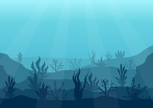 Underwater Ocean Scene. Deep Blue Water, Coral Reef And Underwater Plants. Marine Sea Bottom Silhouette With Seaweed, Algae And Coral. Vector Illustration Background.