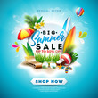 © articular - Summer Sale Design with Flower, Beach Holiday Elements and Exotic Leaves on Blue Background. Tropical Floral Vector Illustration with Special Offer Typography for Coupon, Voucher, Banner, Flyer