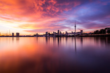 Sun Rising Over Auckland City, City Scape, Silhouette, New Zealand