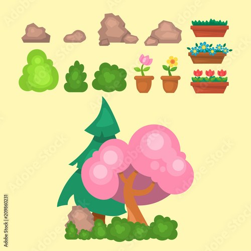 Garden trees vector flowers grass game park elements illustration nature fore...