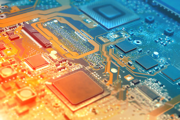 closeup on electronic board in hardware repair shop