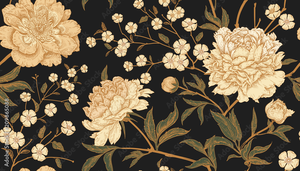 Seamless pattern with exotic bird pheasants and peony flowers. - obrazy, fototapety, plakaty 
