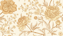 Seamless Pattern With Exotic Bird Pheasants And Peony Flowers.
