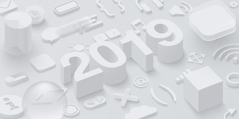 Wall Mural - grey 2019 3d background with web symbols.