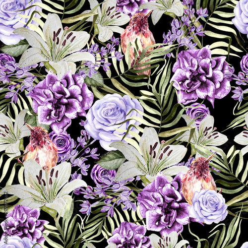 Beautiful watercolor pattern with peony and rose flowers, lily and tropical b...