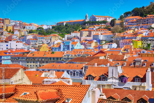 Plakat Lizbona, Portugalia panoramiczny widok z lotu ptaka kolorowe domy i placu Rossio