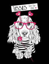 Card Of A Valentine's Day. Cocker Spaniel Dog In A Striped Cardigan, In A Fun Pink Heart Glasses And With A Lips Photo Booth. Vector Illustration.