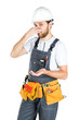 © fusssergei - A builder or an employee in a protective helmet keeps the nose from a bad smell. Isolated over white background.