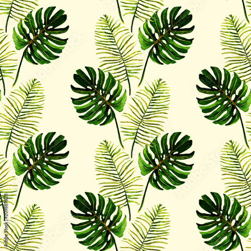 Obraz w ramie Watercolor, tropical green leaves, Monstera,palm, seamless pattern