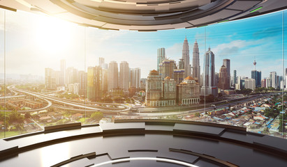 futuristic interior design empty space room with large windows and city urban landscape . 3d illustr
