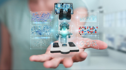 Aufkleber - Businesswoman using modern microscope with digital analysis 3D rendering