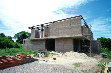 Wall Mural - Landscape and perspective of house under construction with clear blue sky in background. Modern design and architecture concept.