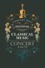 Vector Poster For A Concert Of Classical Music With Place For Text, Vignette And Violin In Vintage Style On Black Background