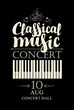Vector poster for a concert of classical music with piano keys in retro style on black background