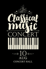 vector poster for a concert of classical music with piano keys in retro style on black background