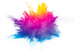 Leinwanddruck Bild - Explosion of rainbow color powder on white background.