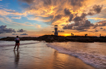 Photographers Are Taking Pictures Of Lighthouses. Khao Lak Light Beacon, At Sunset ,Phang Nga, Thailand, Vivid Twilight Sunset Or Sunrise Over The Sea
