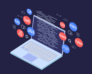 Wall Mural - programming banner, coding, best programming languages, isometric illustration concept