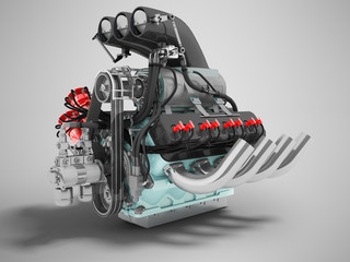 Modern gray automotive V engine with turbine with blue inserts 3d render on gray background with shadow