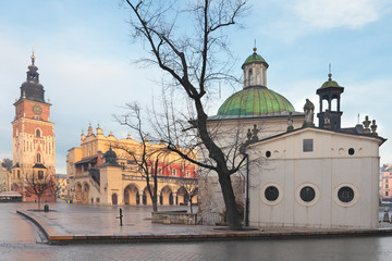 Wall Mural - Krakow, Church of St. Adalbert and Town Hall Tower on the background, Poland