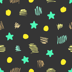 Wall Mural - Hand drawn seamless pattern of stars, scribbles and dots.