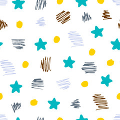 Wall Mural - Hand drawn seamless pattern of stars, scribbles and dots.