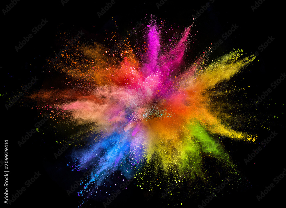 Colored powder explosion isolated on black background. - obrazy, fototapety, plakaty 
