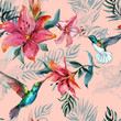 Beautiful colorful flying hummingbirds and red flowers on pink background. Exotic tropical seamless pattern. Watecolor painting. Hand painted illustration.
