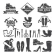 Monochrome illustrations of various tools for shoe repair. Labels or logos for clothing factory