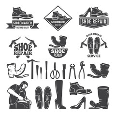 Wall Mural - Monochrome illustrations of various tools for shoe repair. Labels or logos for clothing factory