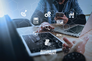Poster - Business team meeting present. Photo professional investor working with new startup project. Finance managers meeting.Digital tablet laptop computer design smart phone using, Sun flare effect